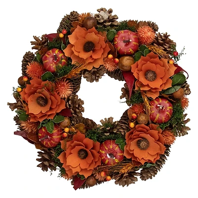13.25'' Unlit Autumn Harvest Orange Flowers and Gourds Pine Cone Wreath