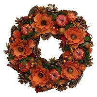 13.25'' Unlit Autumn Harvest Orange Flowers and Gourds Pine Cone Wreath