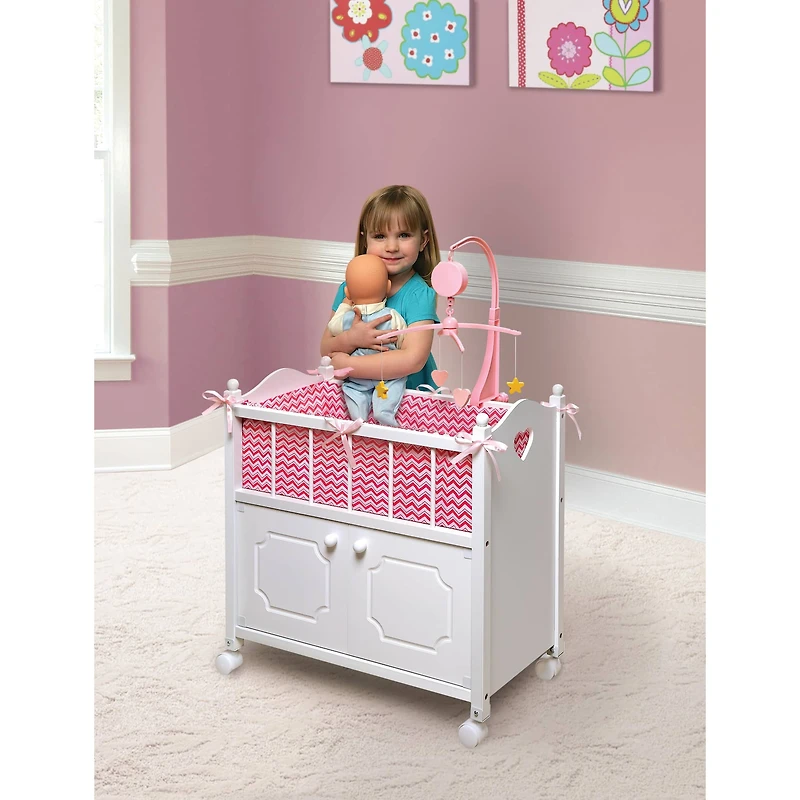 Badger Basket White Cabinet Doll Crib with Pink & White Chevron Bedding