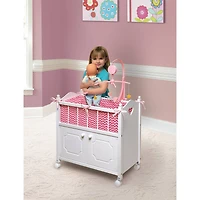 Badger Basket White Cabinet Doll Crib with Pink & White Chevron Bedding