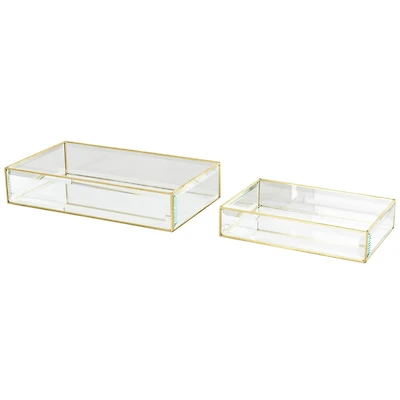 Clear & Gold Beveled Glass & Metal Rectangle Jewelry Box Set