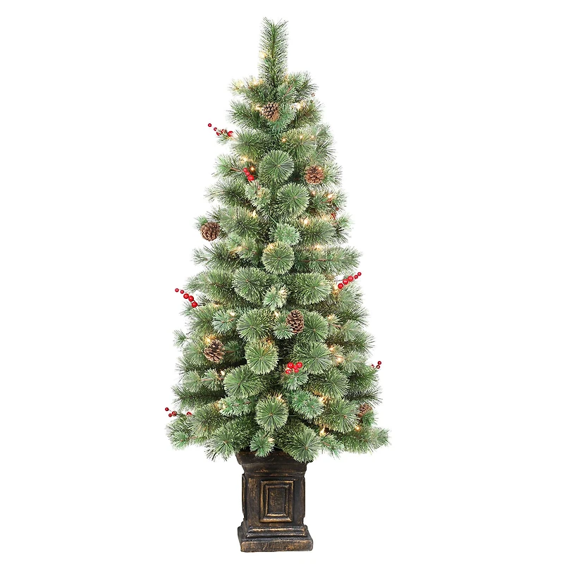 4.5ft. Pre-Lit Natural Pine Artificial Christmas Tree in Decorative Planter, Clear Lights