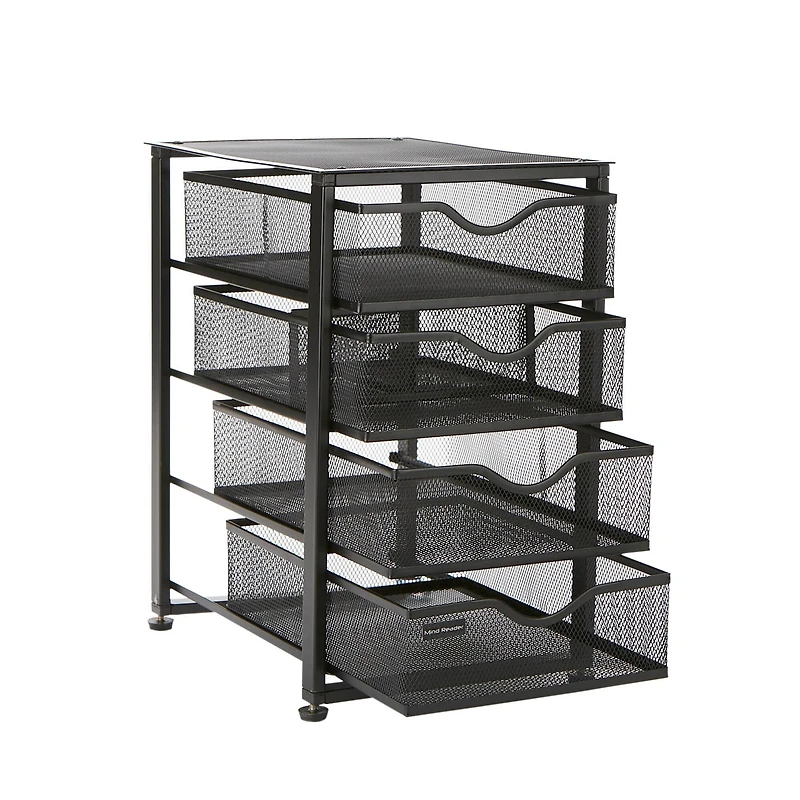 Mind Reader Black Metal Rolling Mesh Office Cart 4-Tiered Drawer Utility Storage Cabinet