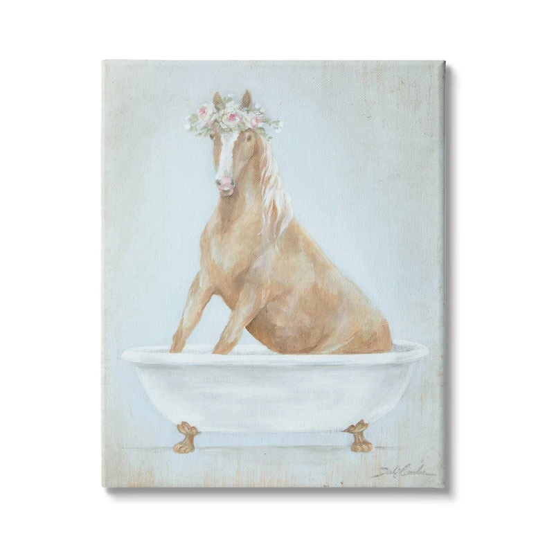 Stupell Industries Country Horse in Farm Bathtub Pink Floral Crown Canvas Wall Art