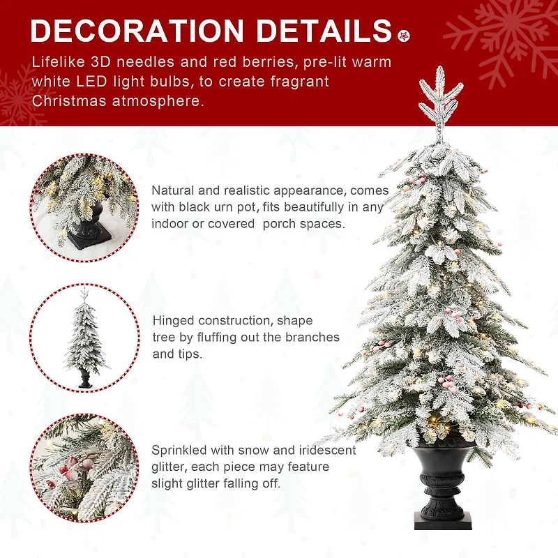 5ft. Pre-Lit Flocked Berry Fir Artificial Christmas Porch Tree in Urn, Warm White Lights