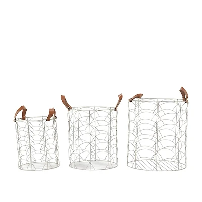 CosmoLiving by Cosmopolitan Silver Metal Storage Basket with Faux Leather Handles Set of 3 16", 14", 12"