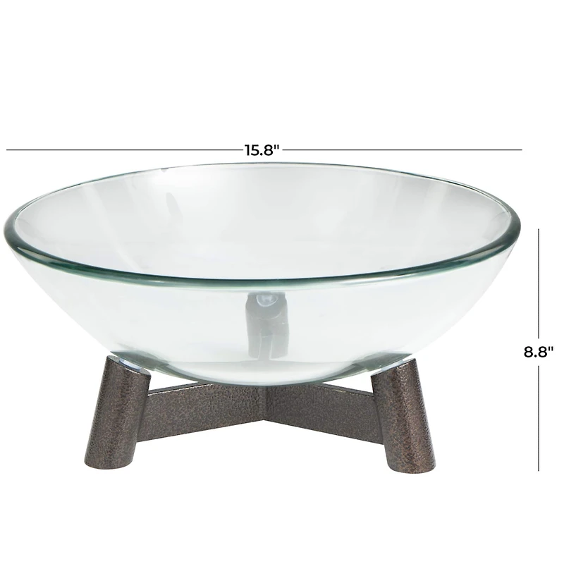 9" Clear Glass Serving Bowl with Bronze Hammered Y-Shaped Stand