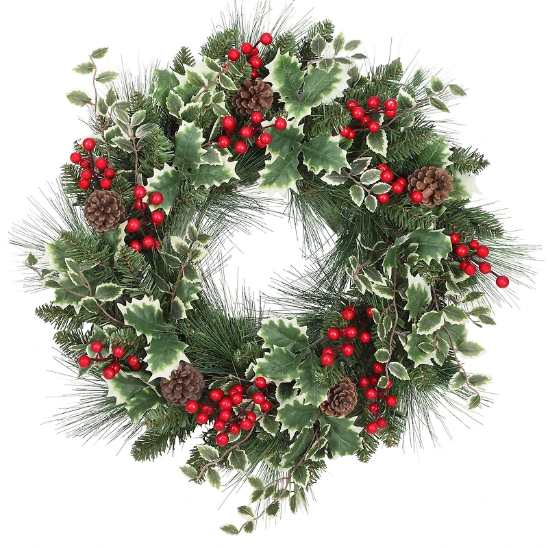Haute Decor 24" Pre-Lit Holly, Pine & Berry Christmas Wreath, Soft White LED Lights