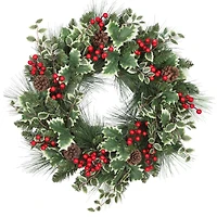 Haute Decor 24" Pre-Lit Holly, Pine & Berry Christmas Wreath, Soft White LED Lights