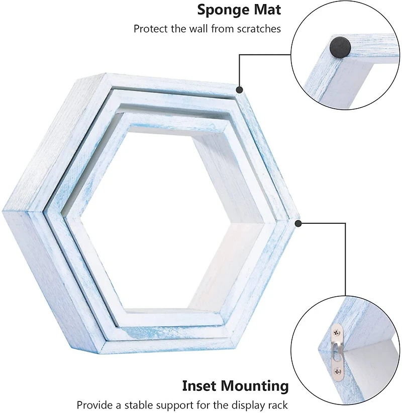 NEX™ Blue Whitewash Wall-Mounted Rustic Hexagon Honeycomb Hanging Shelf Set