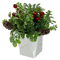 8" Green & Silver Potted Artificial Boxwood with Berries Christmas Arrangement