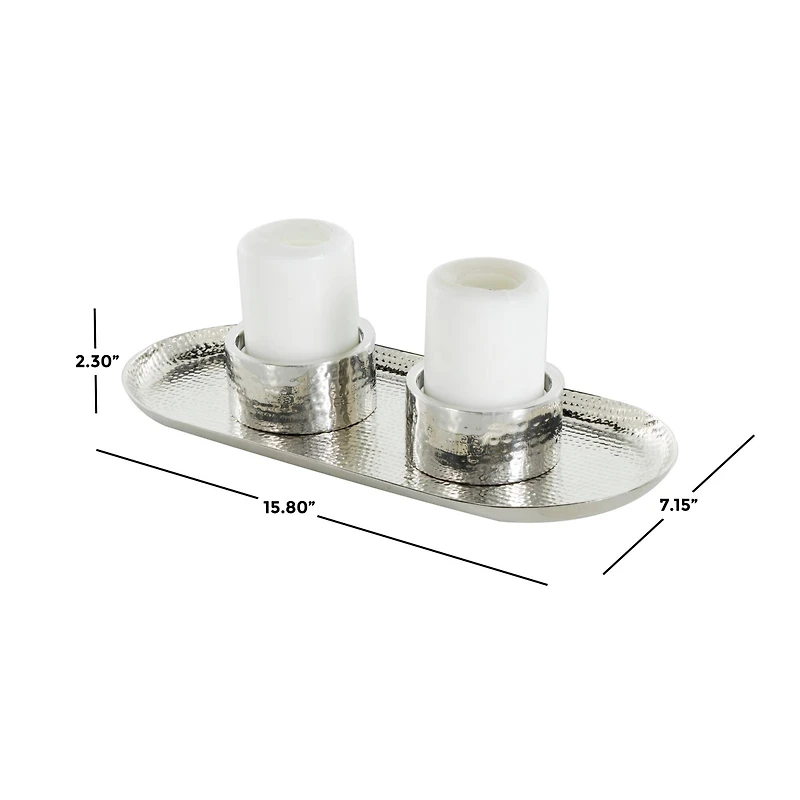 16" Silver Stainless Steel Metal Hammered Candle Holder with Oval Tray Plate