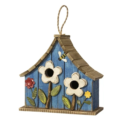 Glitzhome® 10.5" Distressed Wood Birdhouse with Flowers