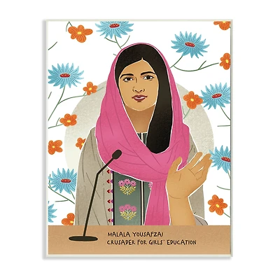 Stupell Industries Malala Yousafzai Speech Over Blue & Orange Flowers Wall Plaque