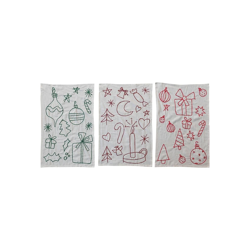 Hello Honey® Embroidered Holiday Icon Woven Cotton & Linen Tea Towel Set