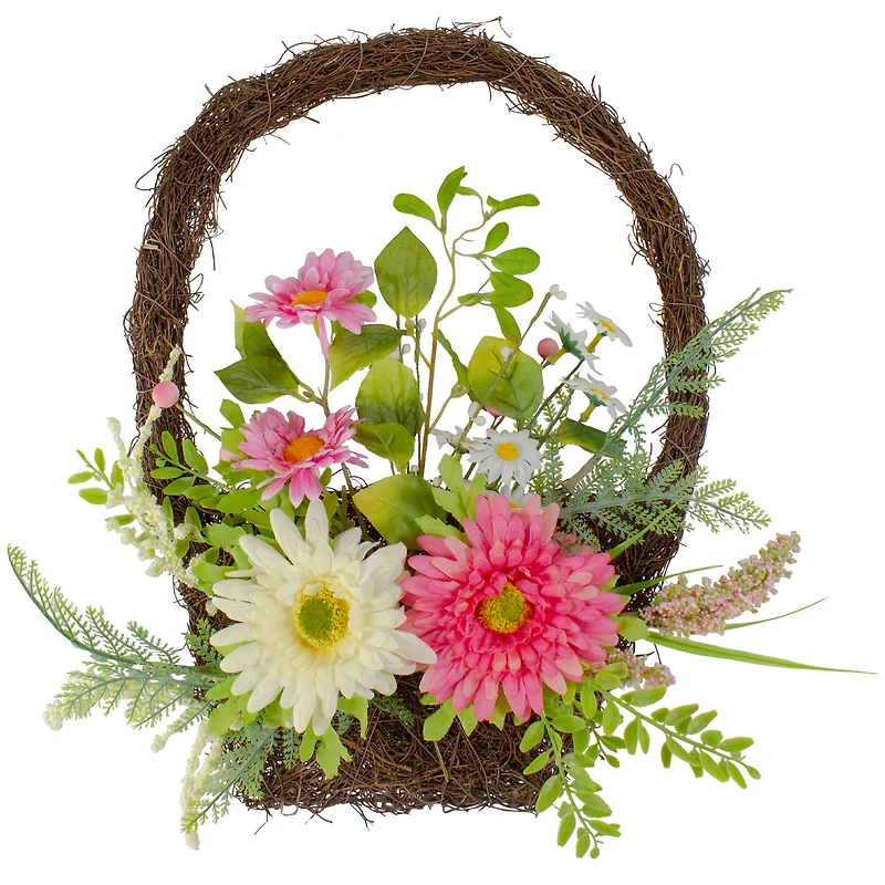 17" Pink & Yellow Chrysanthemum & Daisy Twig Basket Wreath Spring Décor
