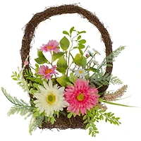 17" Pink & Yellow Chrysanthemum & Daisy Twig Basket Wreath Spring Décor