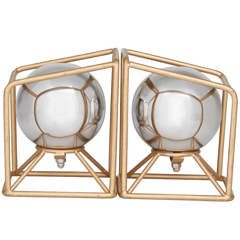 6" Silver Stainless Steel Orb Geometric Bookends with Gold Base Set