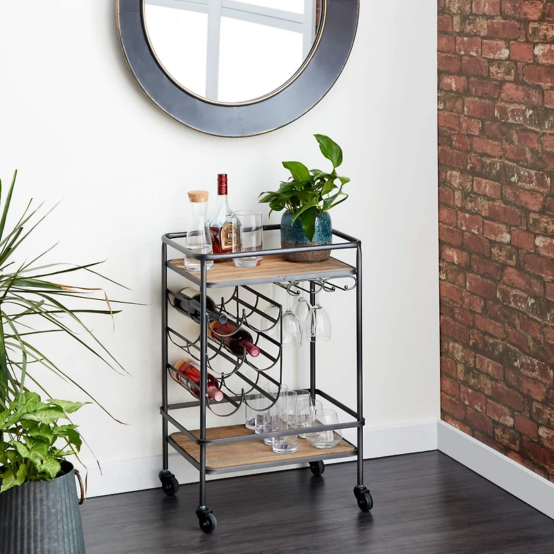 2-Tier Brown Chinese Fir and Metal Industrial Bar Cart