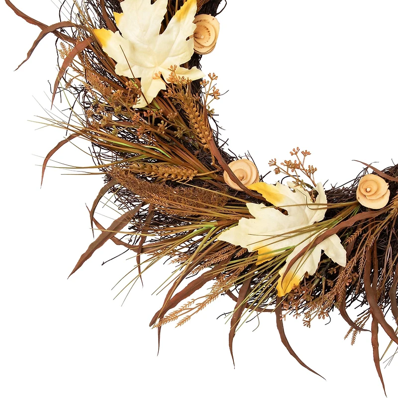 24" Unlit Autumn Harvest Artificial Cattail & Wheat Thanksgiving Wreath