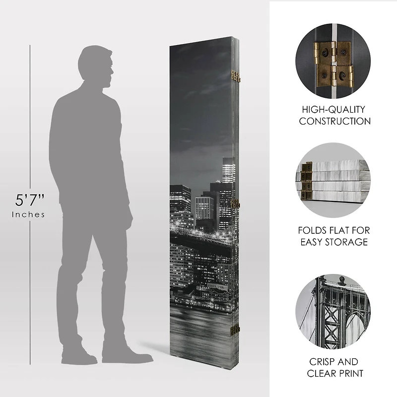 American Art Decor™ 6ft. Double-Sided 4-Panel Black and White Brooklyn Bridge, Manhattan Bridge Photo Canvas Privacy Screen