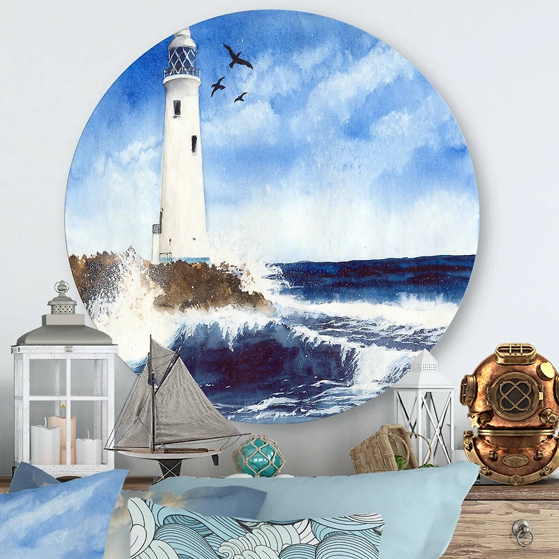 Designart - Lighthouse On The Rocky Island With Seagulls