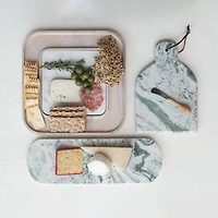 Hello Honey® 13.5" White Marble & Wood Cutting Board on a Dish