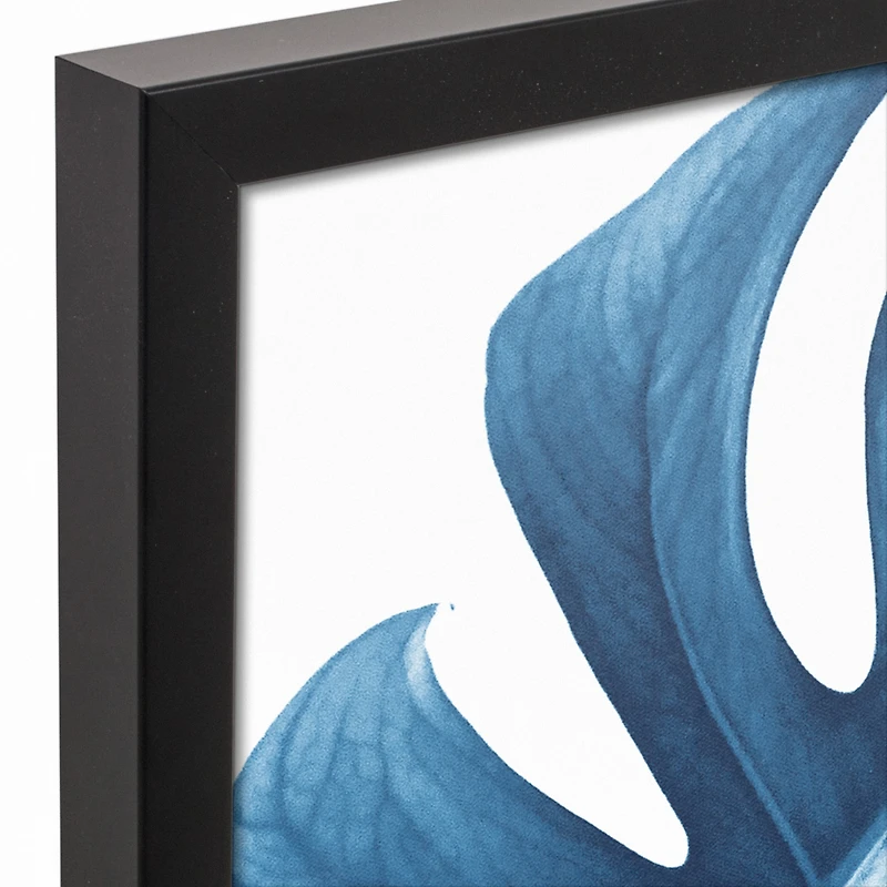 Blue Monstera Canvas Wall Art in Black Frame