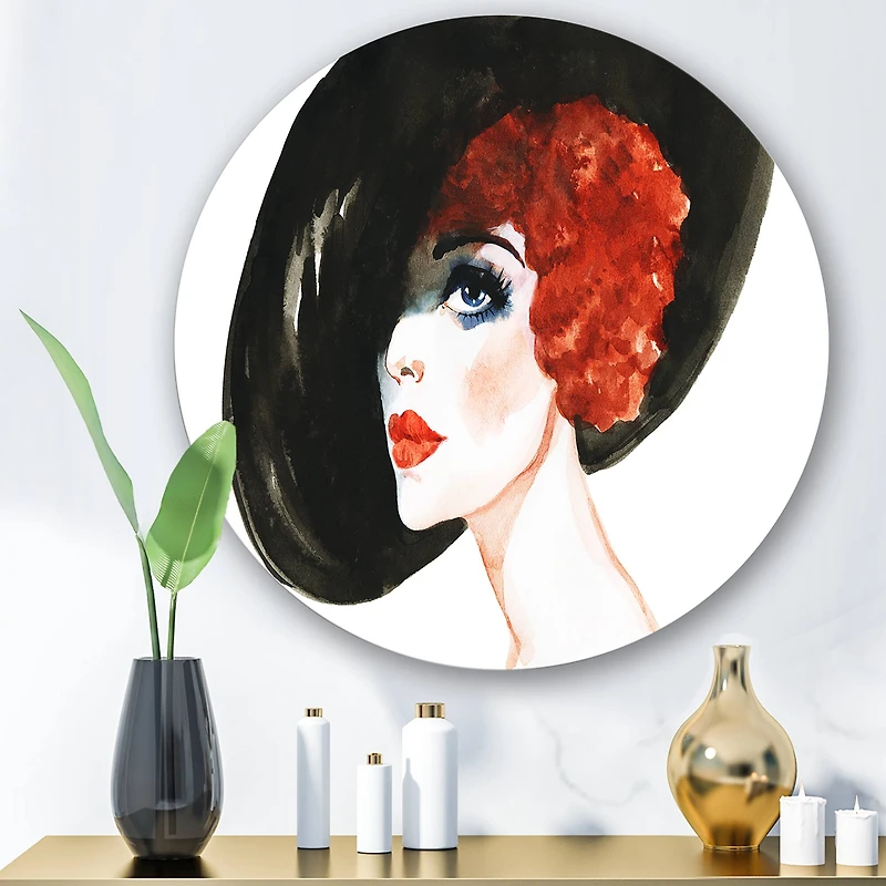 Designart - Red Head Lady In Hat Portrait of Woman