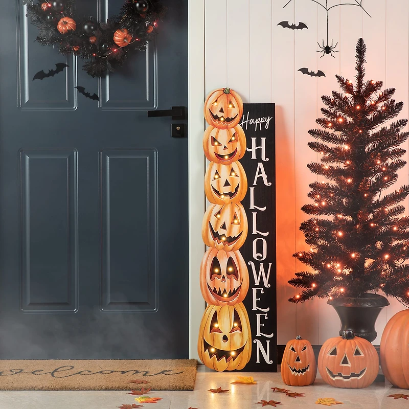 Glitzhome® 42" Lighted Halloween Wooden Stacked Pumpkins Porch Sign with Timer