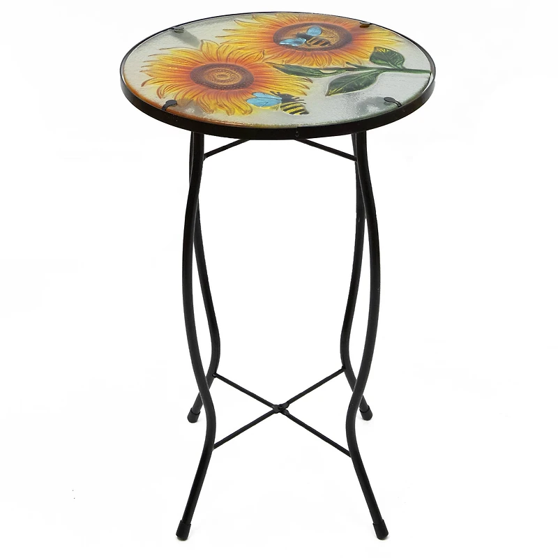 19" Sunflower & Bumblebee Glass Patio Side Table