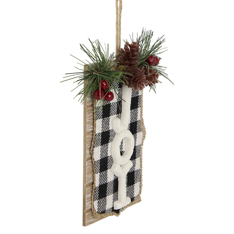 4.75" Black and White Buffalo Plaid Joy Pinecone Christmas Sign Ornament