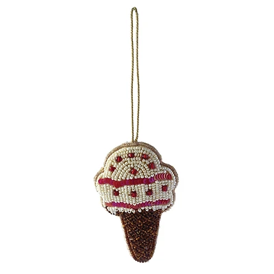 Hello Honey® 4.25" Multicolor Fabric & Glass Beaded Ice Cream Cone Ornament