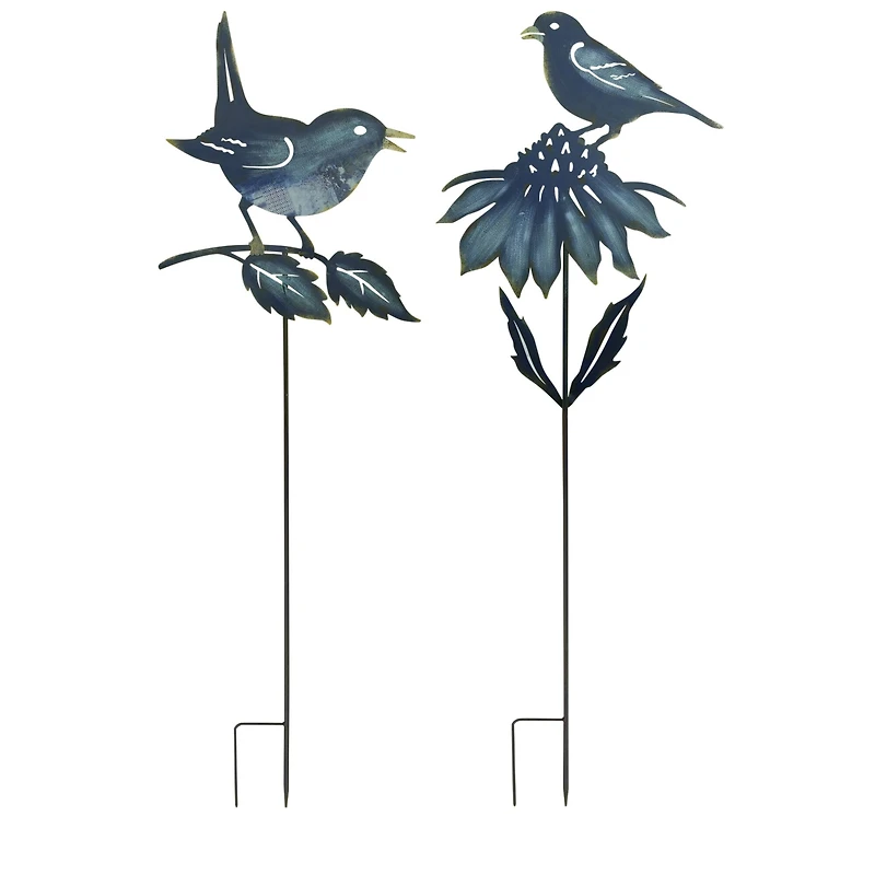 Bird & Flower Cut Out Metal Garden Stakes Set