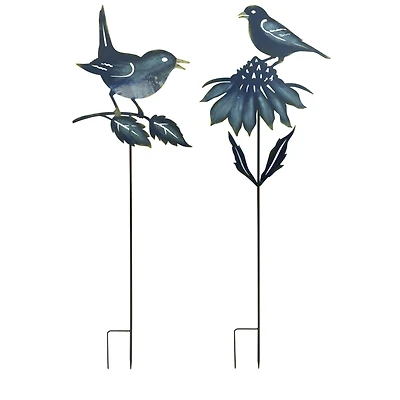 Bird & Flower Cut Out Metal Garden Stakes Set
