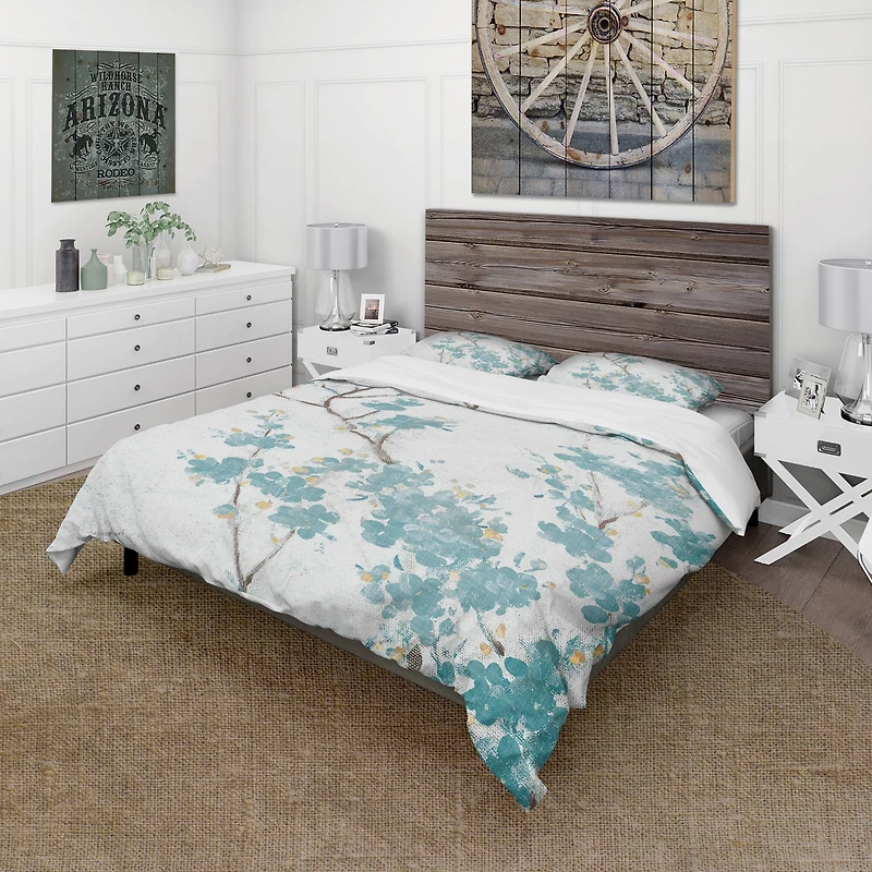Designart 'Teal Cherry Blossoms II' Farmhouse Bedding Set