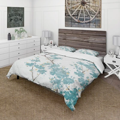 Designart 'Teal Cherry Blossoms II' Farmhouse Bedding Set