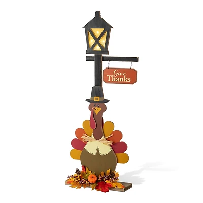 Glitzhome® 36"H Lighted Thanksgiving Wooden Turkey Lamp Post Porch Decor