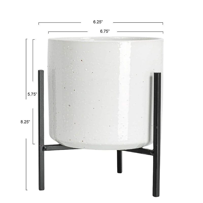 Hello Honey® 8" White Stoneware Flower Pot with Black Metal Stand