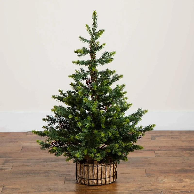 3ft. Artificial Balsam Fir Christmas Tree with Pine Cones in Jute Wire Planter