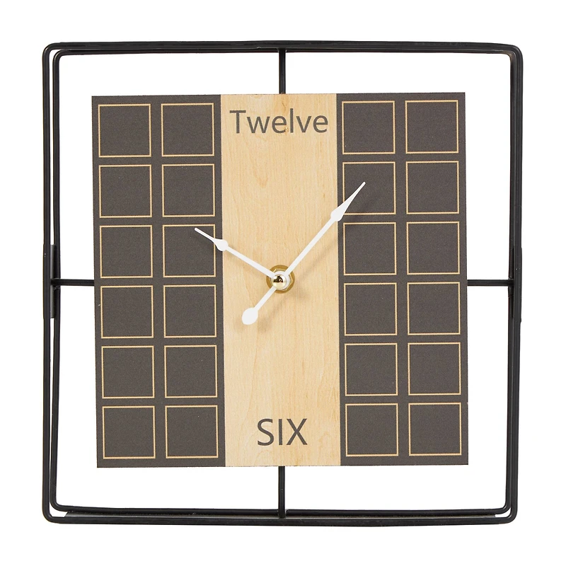 9" Black Geometric Open Frame Square Clock with Grid Pattern