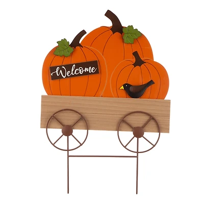 26" GlitzHome® Wooden Pumpkin Cart Yard Stake