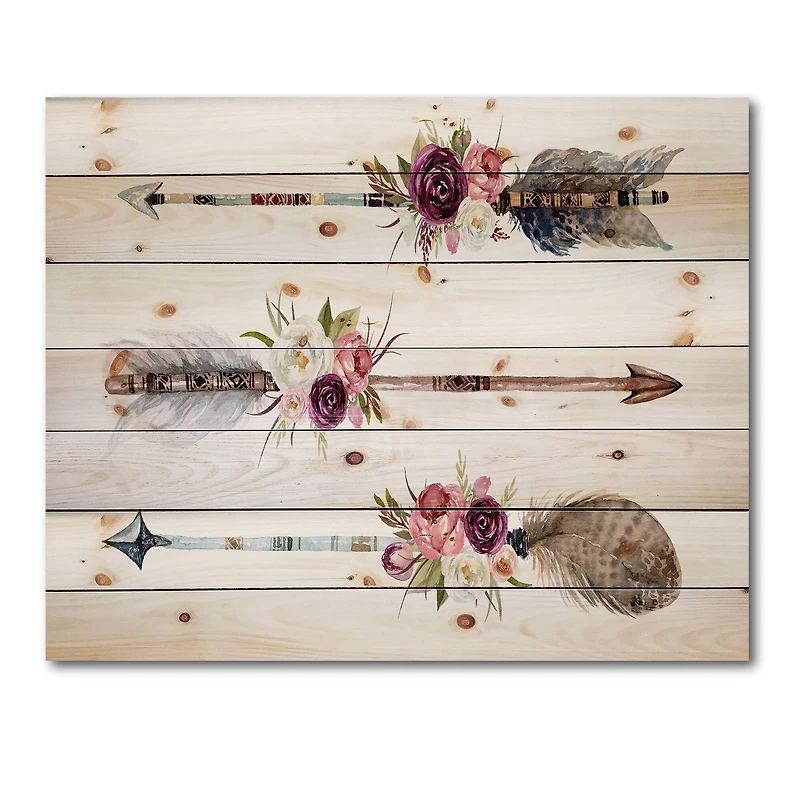 Designart - Ethnic Feathers and Flowers On Native Arrows III - Bohemian & Eclectic Print on Natural Pine Wood