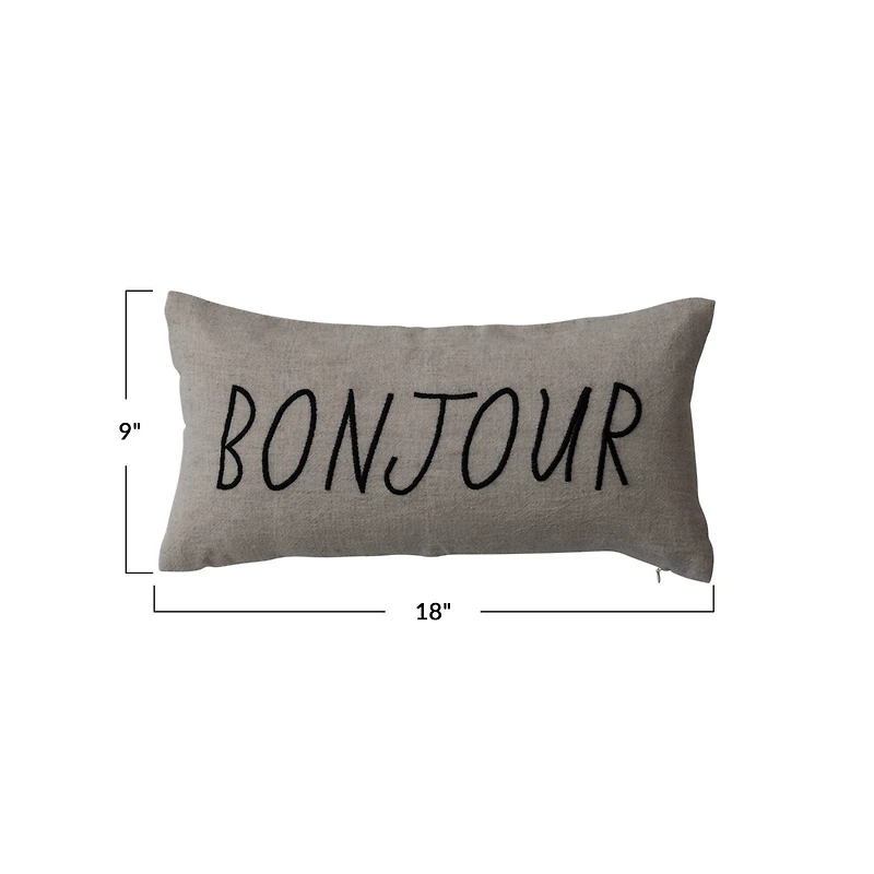 Hello Honey® 18" Natural & Black Bonjour Embroidered Linen Blend Lumbar Pillow