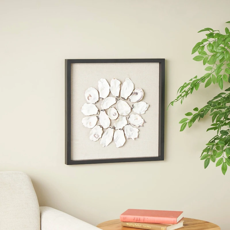 19" Cream, Beige & Black Handmade Abstract Circular Shell Wall Décor