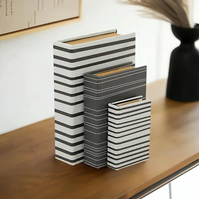 Black & White Stripe Faux Leather Faux Book Box with Striped Patterns Set 