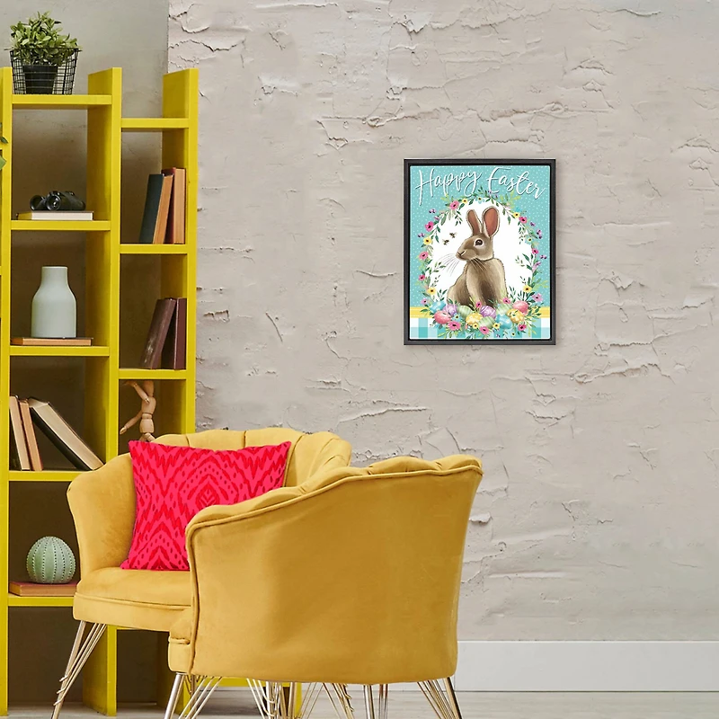 Stupell Industries Happy Easter Bunny Wreath Floating Frame Wall Art
