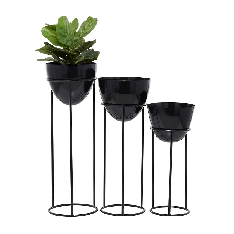 Set of 3 Black Iron Contemporary Planters, 13" x 13" x 13"
