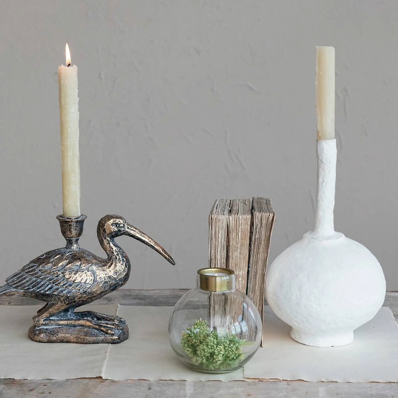 Hello Honey® 11" Round Whitewashed Decorative Paper Mache Taper Holder