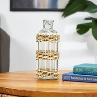 13" Clear Glass Handmade Vase with Light Brown Rattan Woven Body